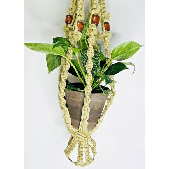 Macrame Plant Hanger Woven White Wood Beads 36" Long Vintage BOHO MCM - Picture 3 of 11